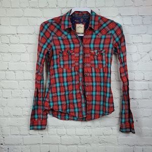Hollister Red Metallic Plaid Bettys Western Button Down Shirt Long Sleeve, Small